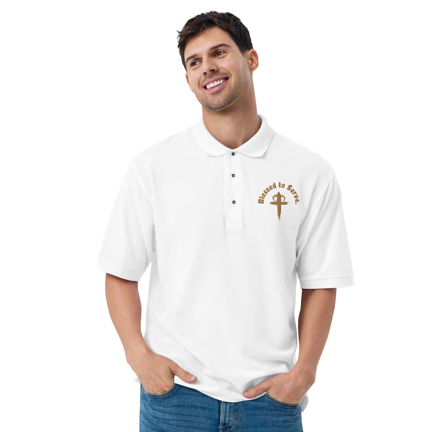 Front of white polo with tan cross and tan text saying 'blessed to serve'