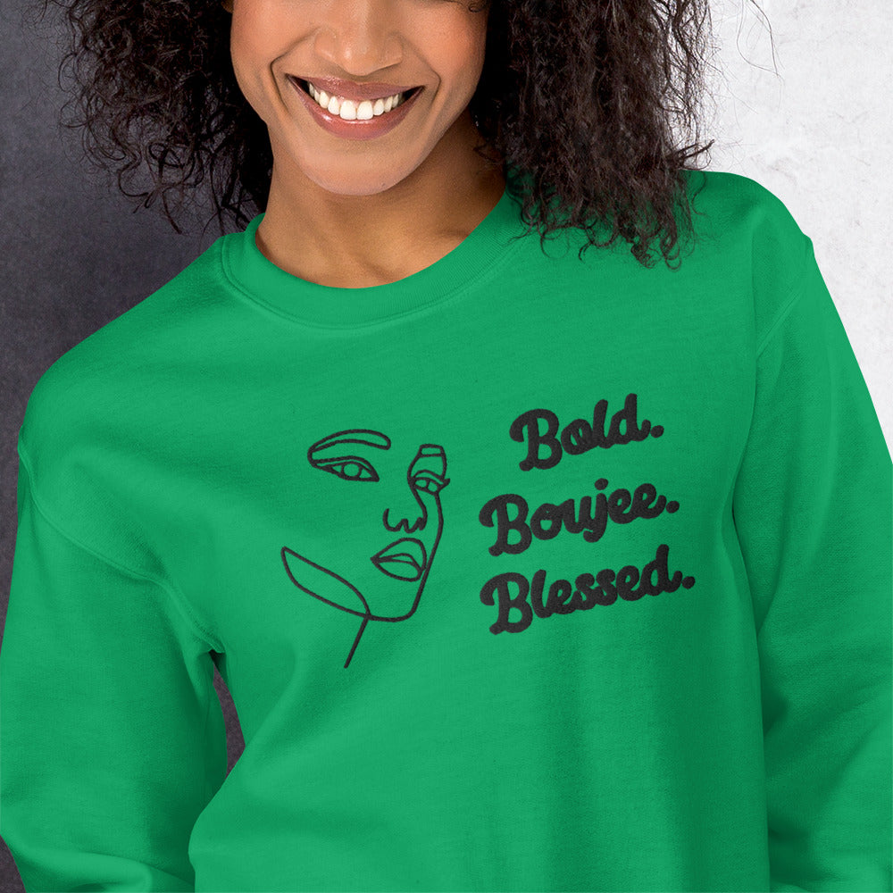 Zoomed Irish green sweatshirt with outline of a woman's face and text saying 'Bold, Boujee, Blessed' in black