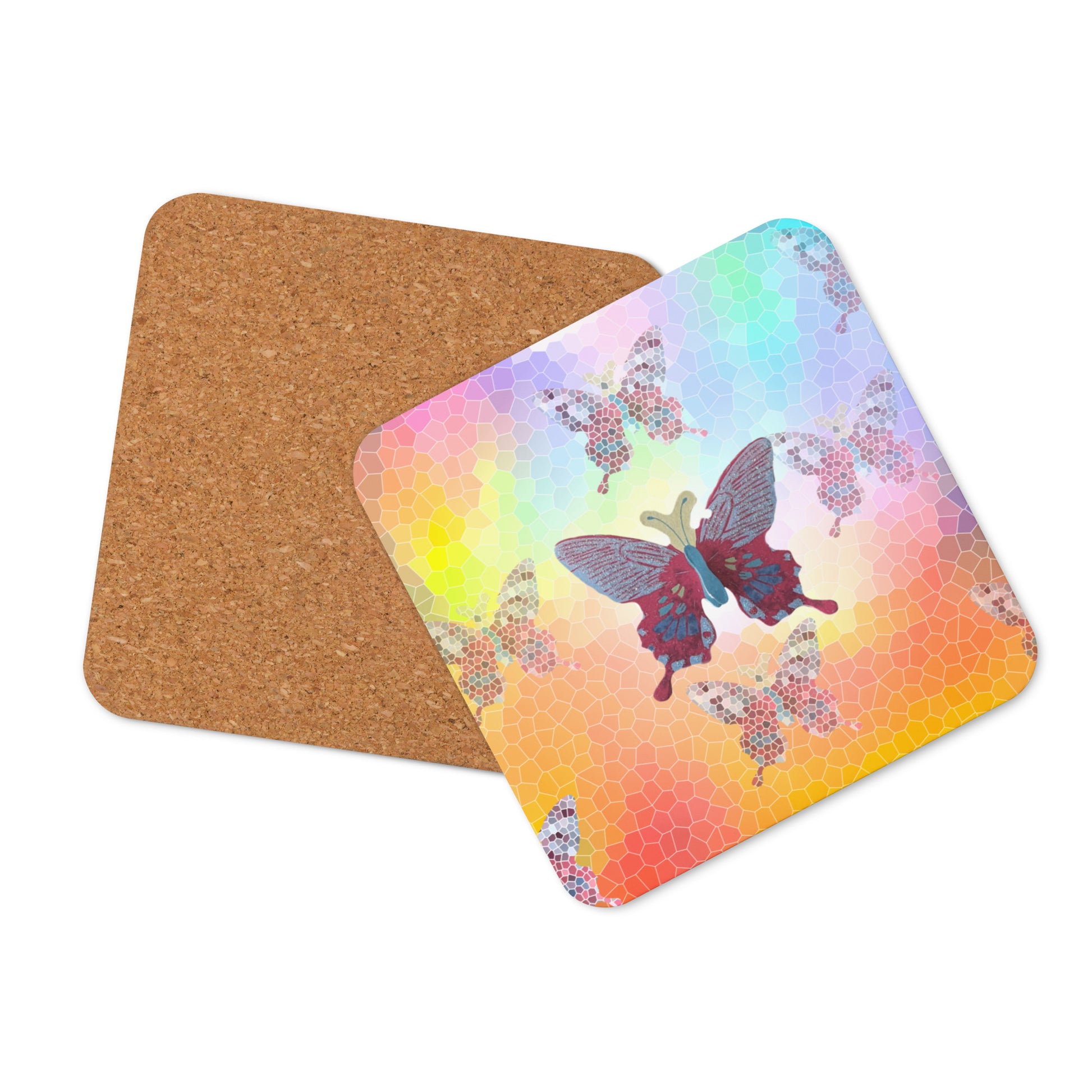 Front Cork back coaster with multicolored butterflied background and large maroon and blue butterfly in the center