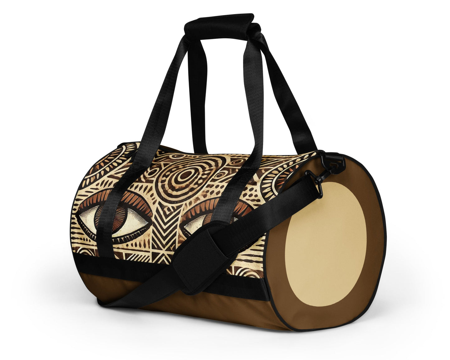 Left front of brown eye print gym bag