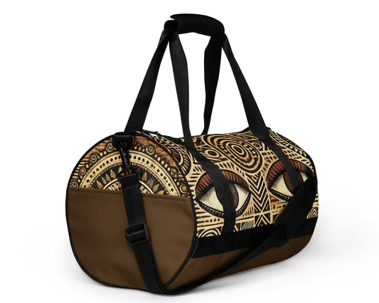 Right front of brown eye print gym bag