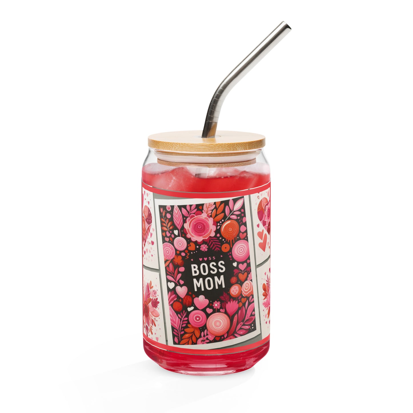 Front view of glassware with lid and straw and image of words 'boss mom' in white surrounded by black and flowers of pink and orange and hearts of pinks on a white background on left and right sides.