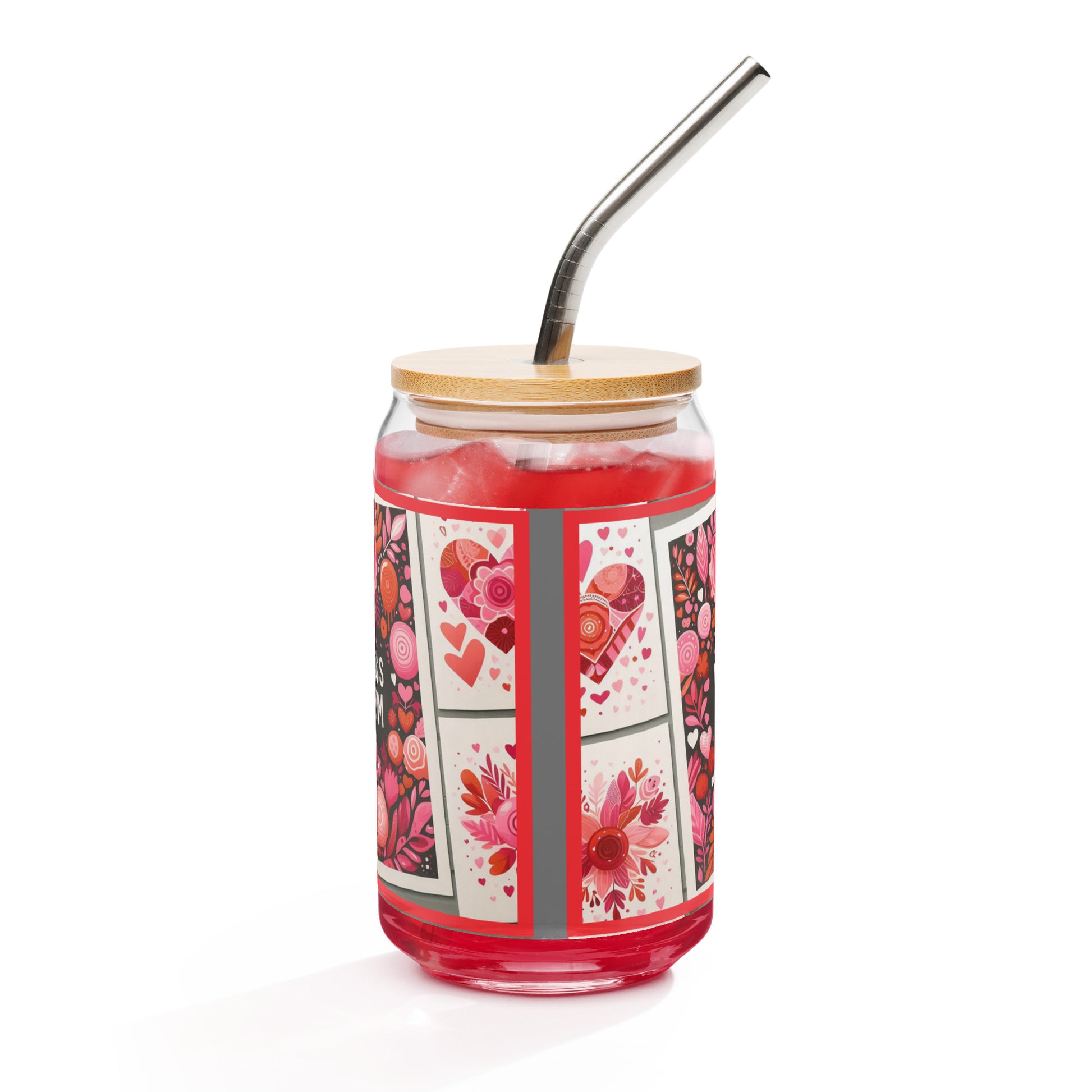 Left view of glassware with lid and straw and image of hearts of pinks on a white background
