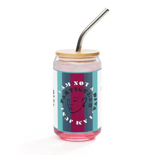 Front of can-shaped glassware with image of woman's face surrounded by text saying 'I am not a diva, I am just particular' on grape, white and blue strips