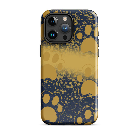 Front of a tough case covered in a navy and tan background with cat paw prints