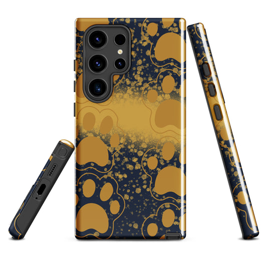 Front of a Samsung tough case covered in a navy and tan background with cat paw prints