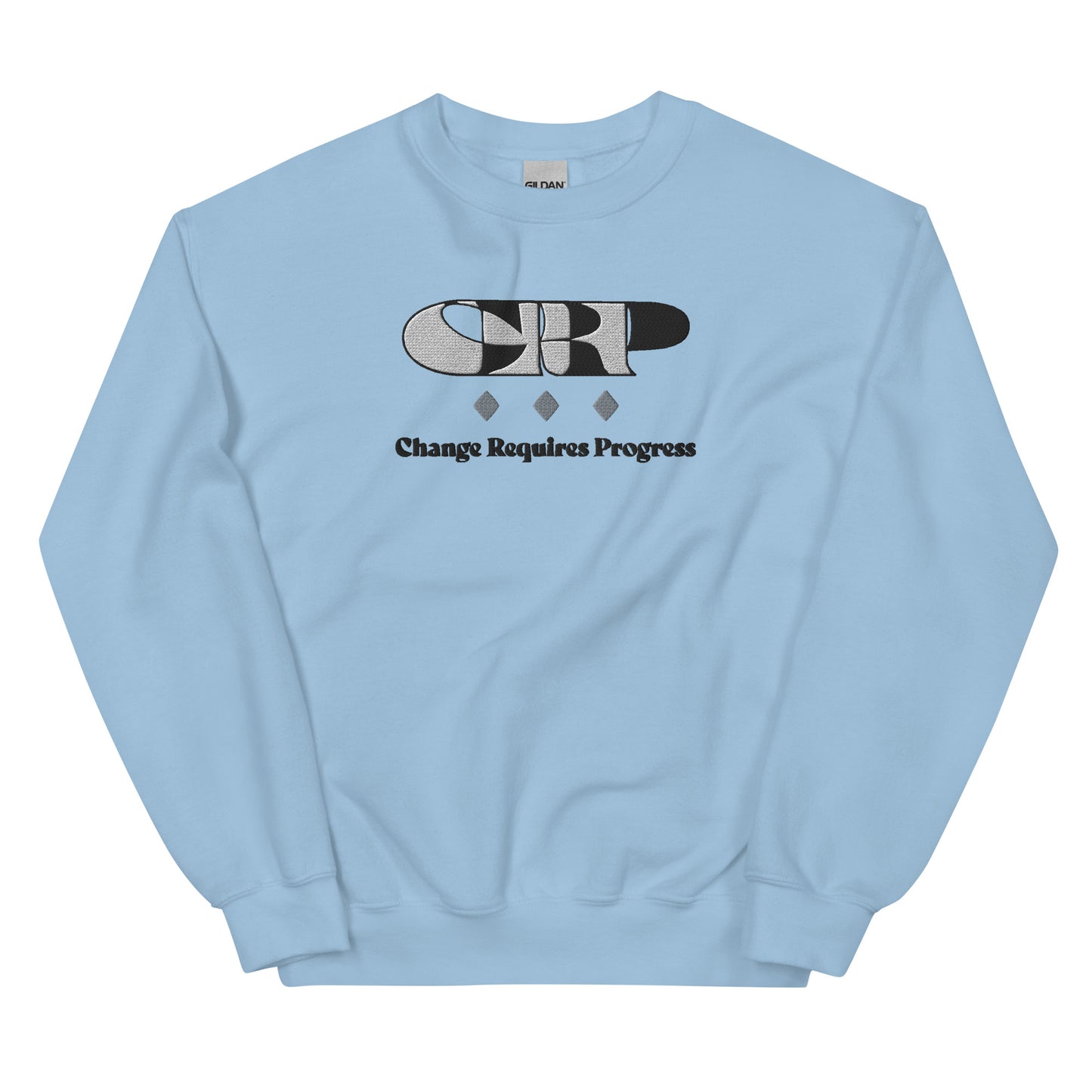 Front of light blue sweatshirt with embroidered text in gray and black saying 'CRP' on the 1st line and in black 'Change Requires Progress' on the 2nd line