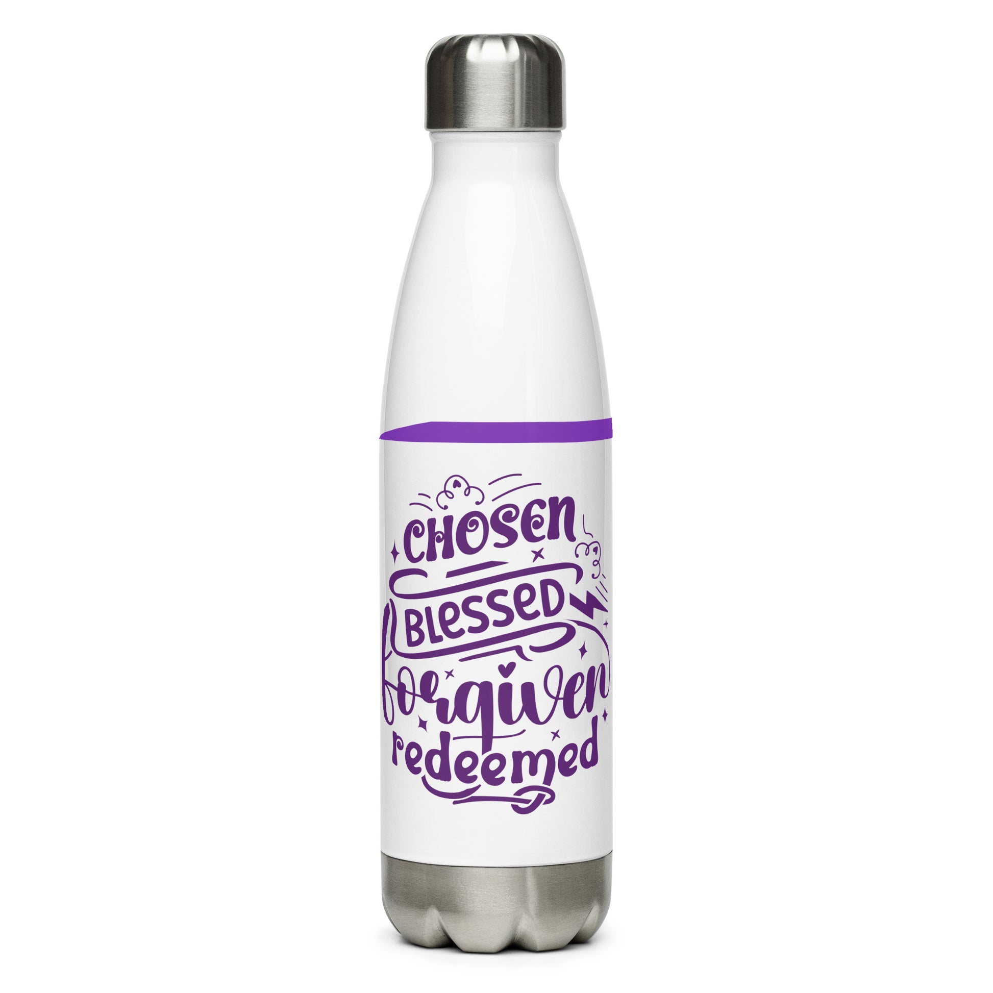 Front view of a white and purple 17 oz stainless steel water bottle with purple text saying 'Chosen blessed forgiven redeemed'