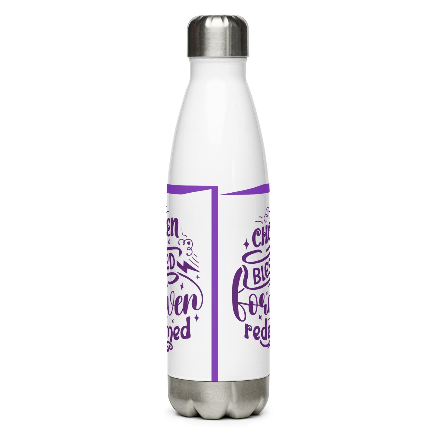 Left view of a white and purple 17 oz stainless steel water bottle with purple text saying 'Chosen blessed forgiven redeemed'