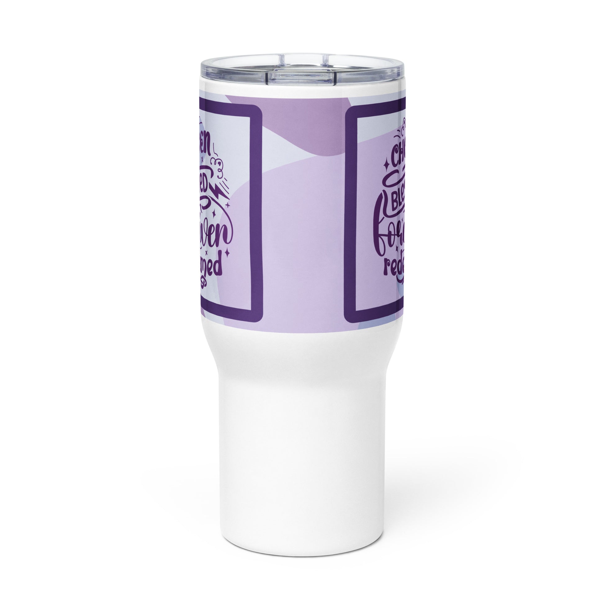 Front of a purple and white 25 oz travel mug with left- and right-side message in purple text saying 'chosen blessed forgiven redeemed'