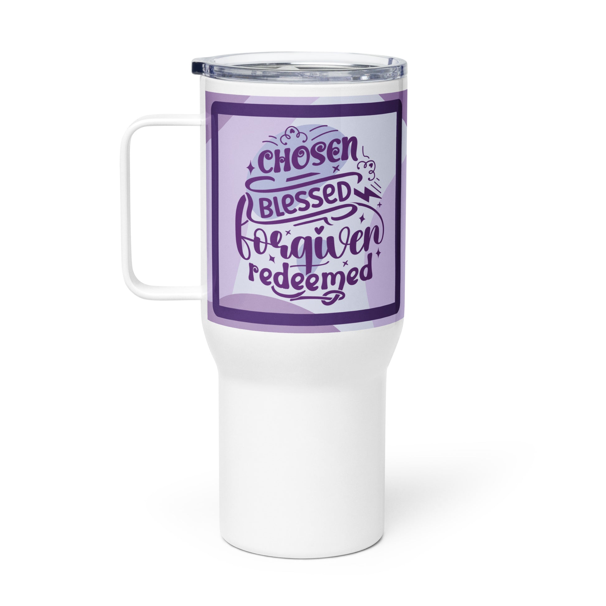 Left side of a purple and white 25 oz travel mug with purple text saying 'chosen blessed forgiven redeemed'