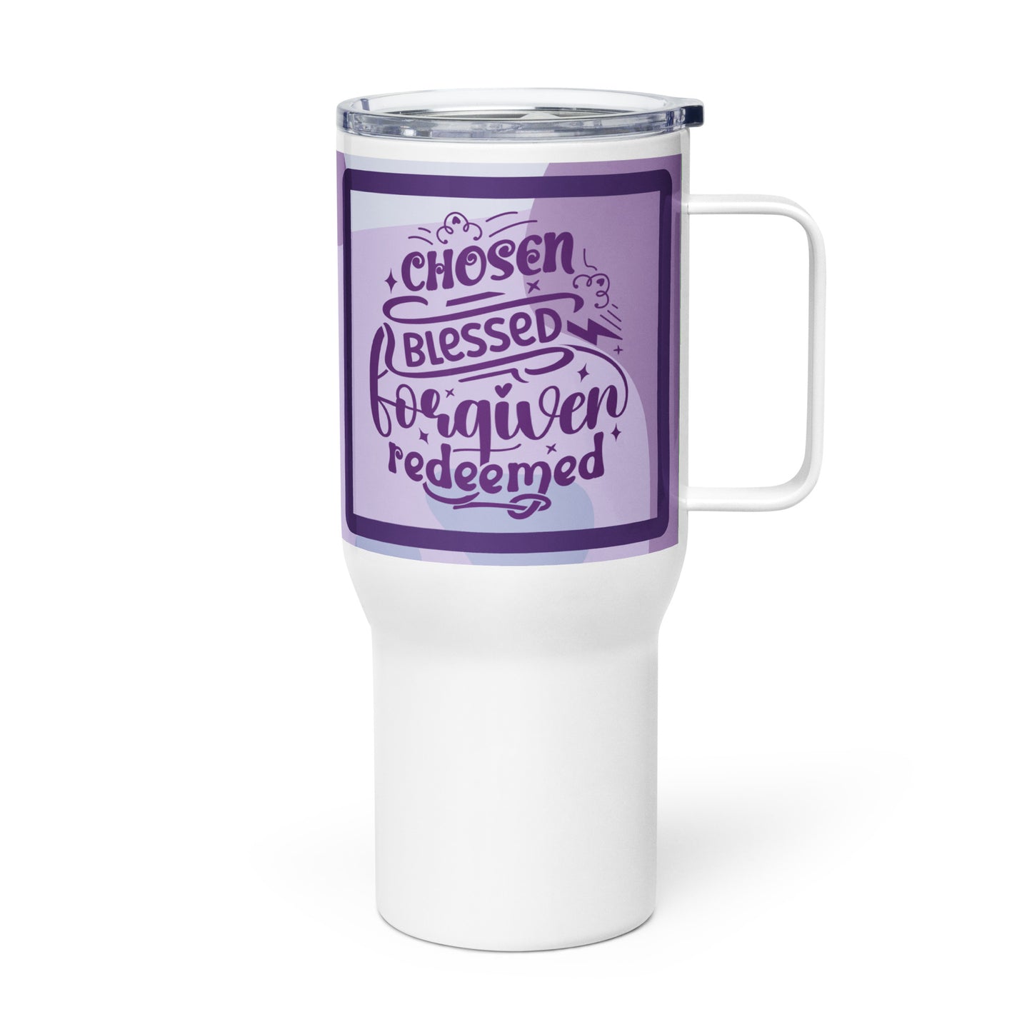 Right side of a purple and white 25 oz travel mug with purple text saying 'chosen blessed forgiven redeemed'