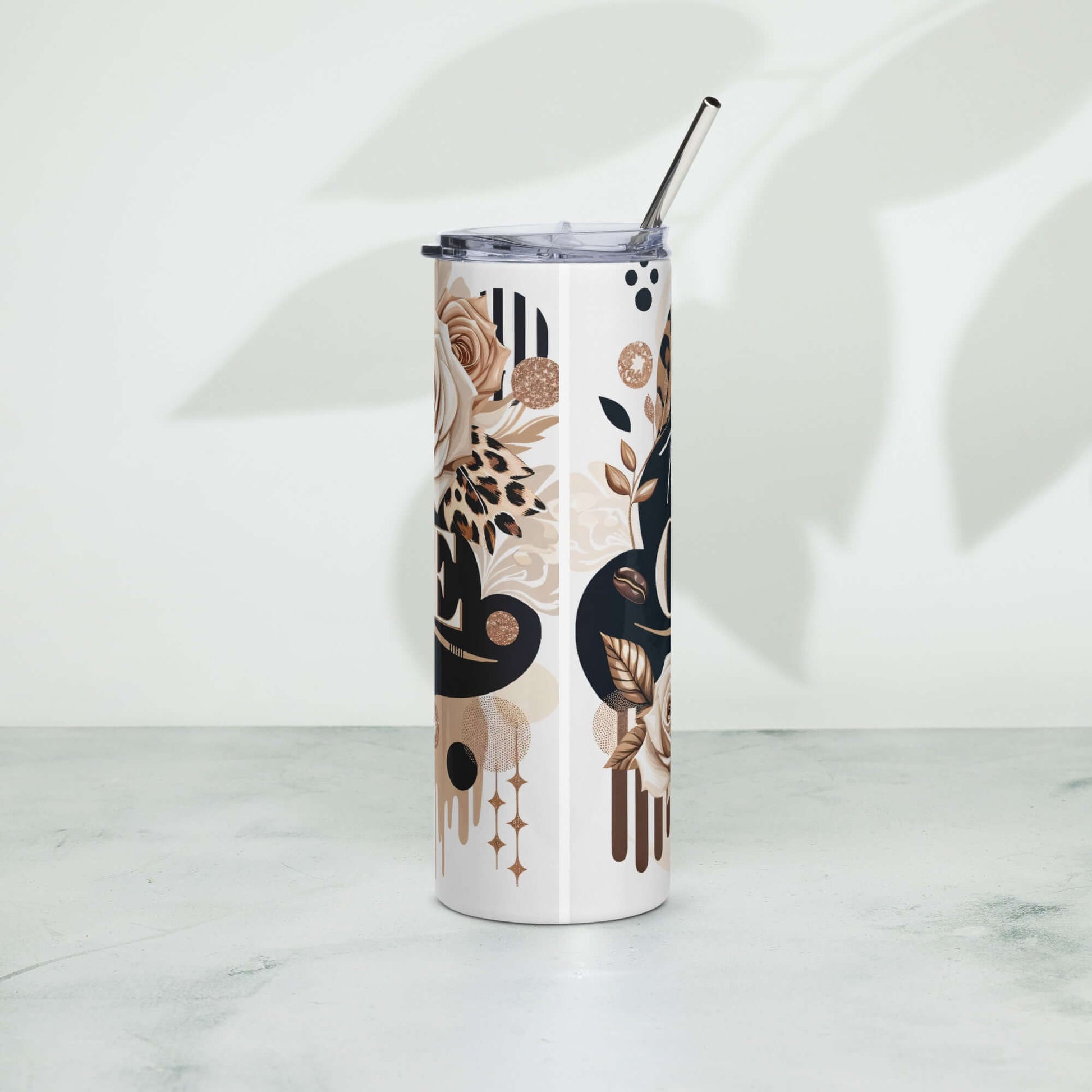 Back view of stainless steel tumbler with black, brown, beige abstract design and beige text saying 'Today's vibe, coffee, Lots of coffee'