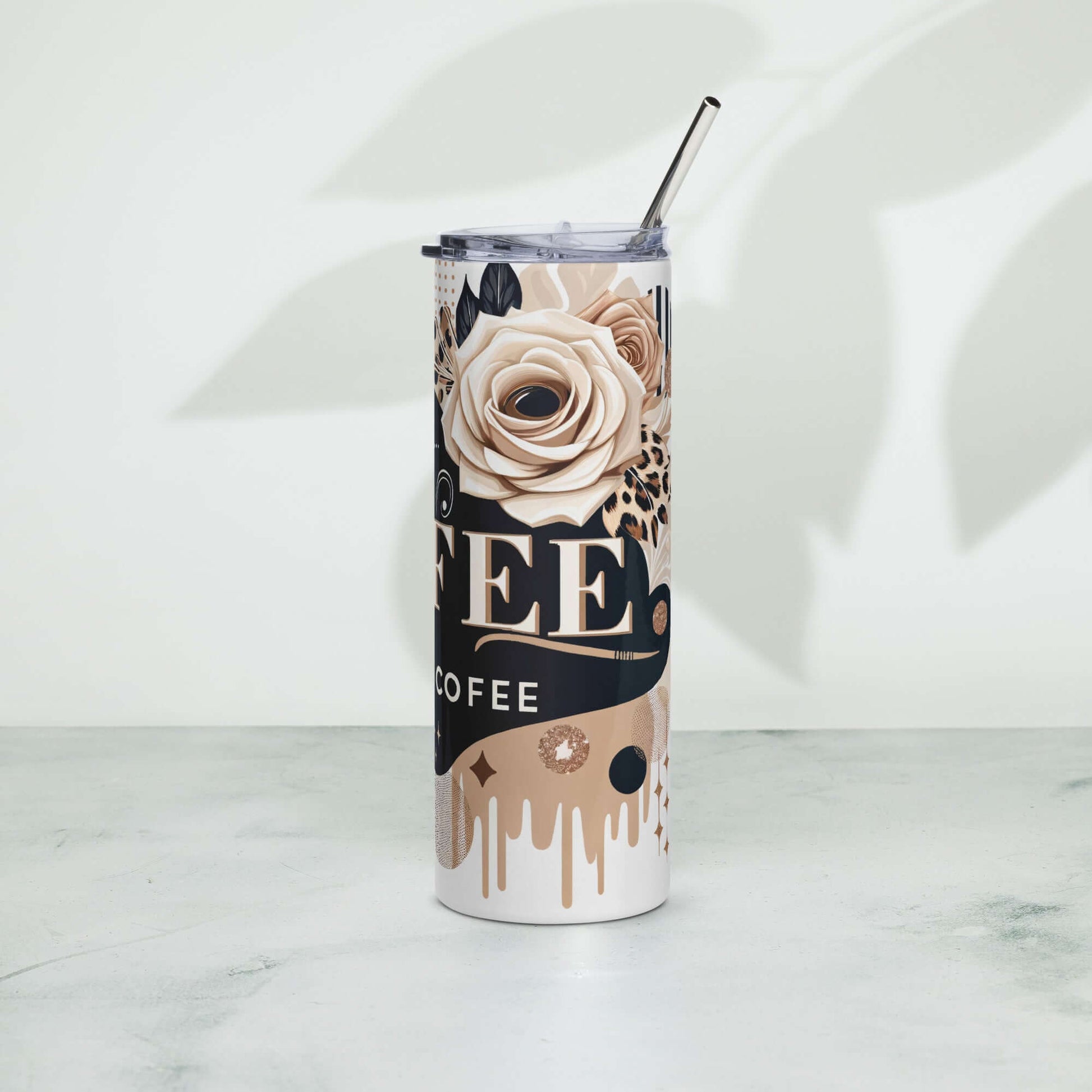 Right view of stainless steel tumbler with black, brown, beige abstract design and beige text saying 'Today's vibe, coffee, Lots of coffee'