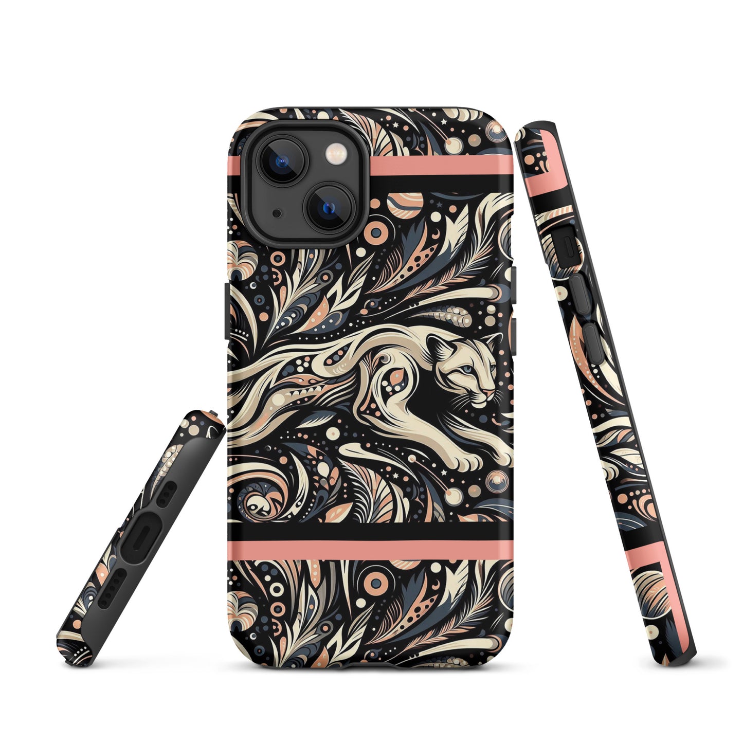 Front of iPhone 13 case with gray and black background and cougar image in black, gray and pink