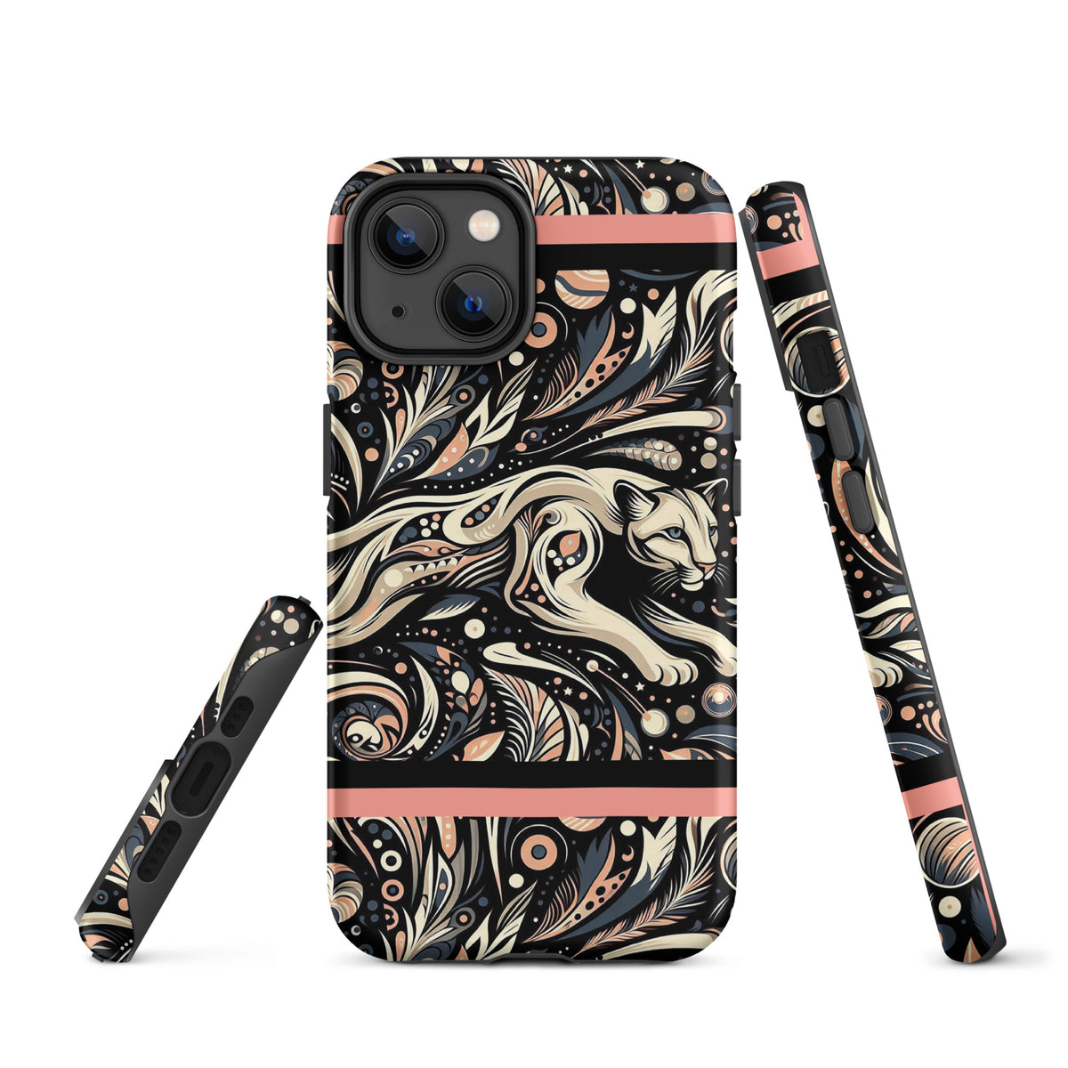 Front of iPhone 14 case with gray and black background and cougar image in black, gray and pink