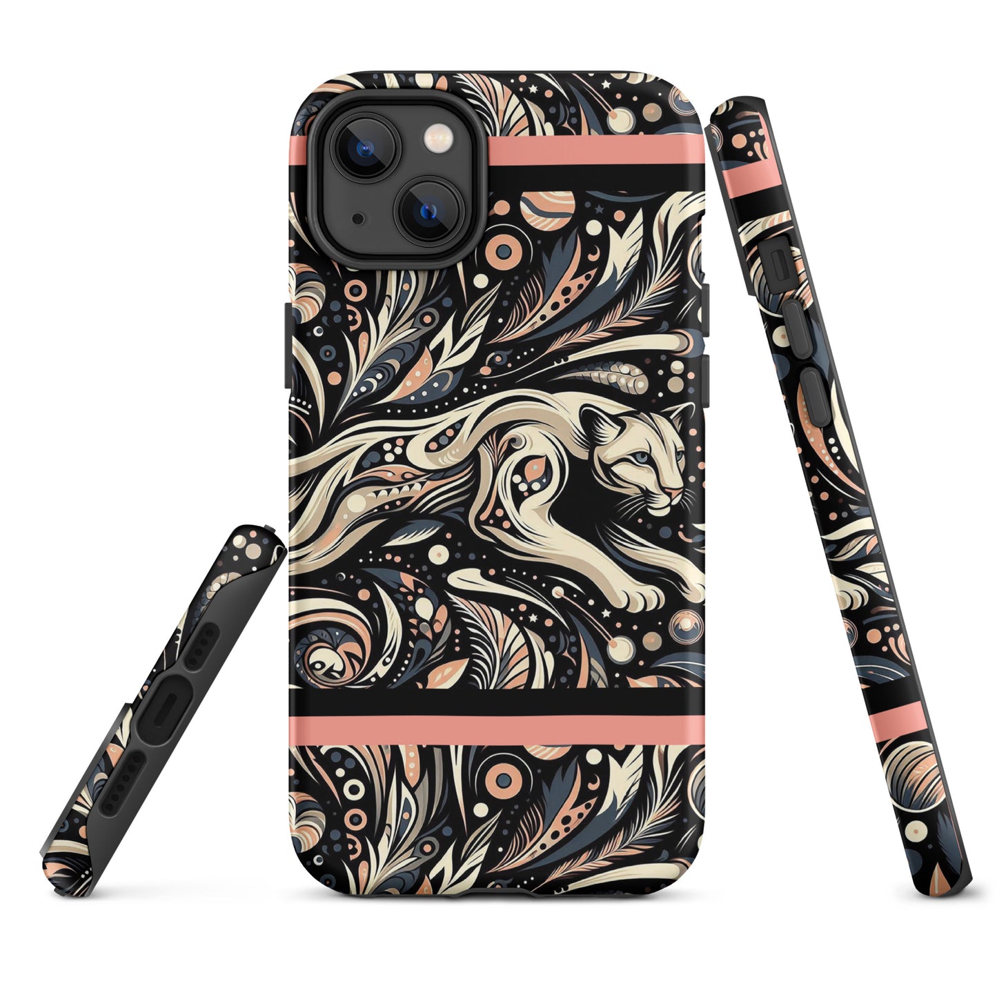Front of iPhone 14 plus max case with gray and black background and cougar image in black, gray and pink