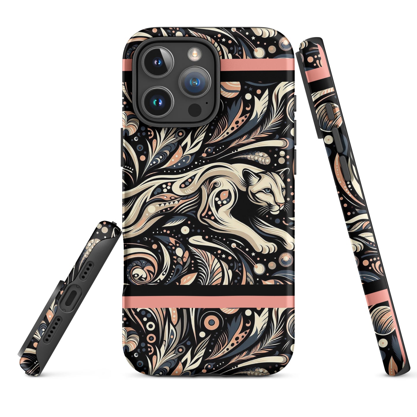 Front of iPhone 16 pro max case with gray and black background and cougar image in black, gray and pink