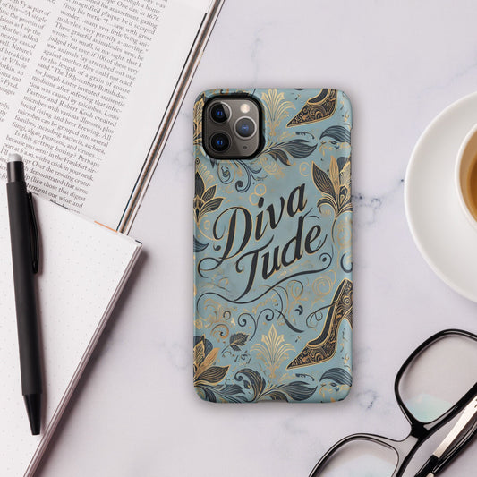 Front of blue pattern iPhone 11 pro case with text saying 'DivaTude'