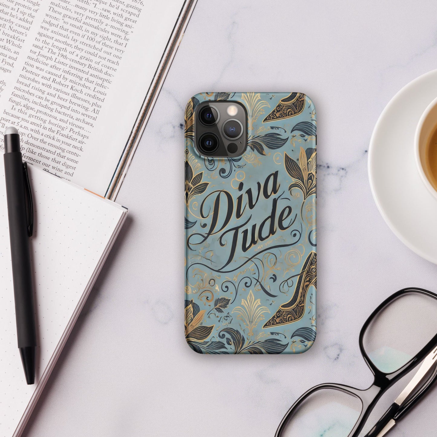 Front of blue pattern iPhone 12 pro case with text saying 'DivaTude'