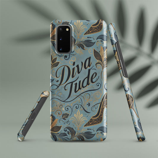 Front of blue pattern Samsung s20 case with text saying 'DivaTude'