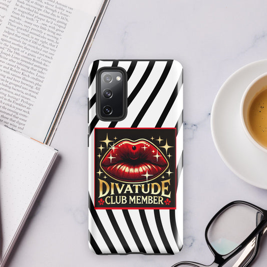 Front of Samsung s20 case with DivaTude icon of red lips and words 'DivaTude Club member' on white background and wavy black lines