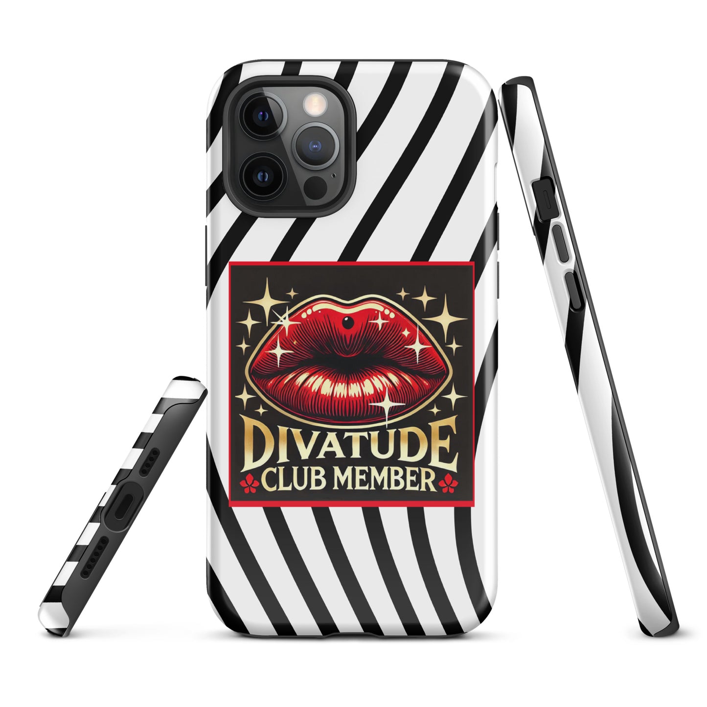Front of iPhone 12 pro case with DivaTude icon of red lips and words 'DivaTude Club member' on white background and wavy black lines