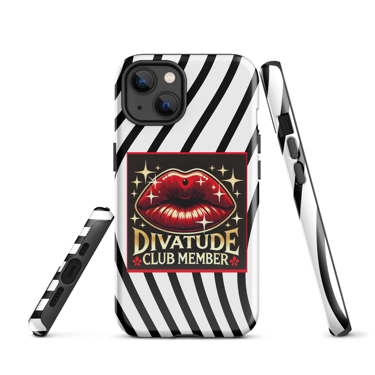 Front of iPhone 13 case with DivaTude icon of red lips and words 'DivaTude Club member' on white background and wavy black lines