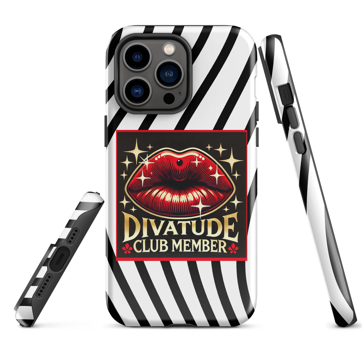 Front of iPhone 14 pro case with DivaTude icon of red lips and words 'DivaTude Club member' on white background and wavy black lines