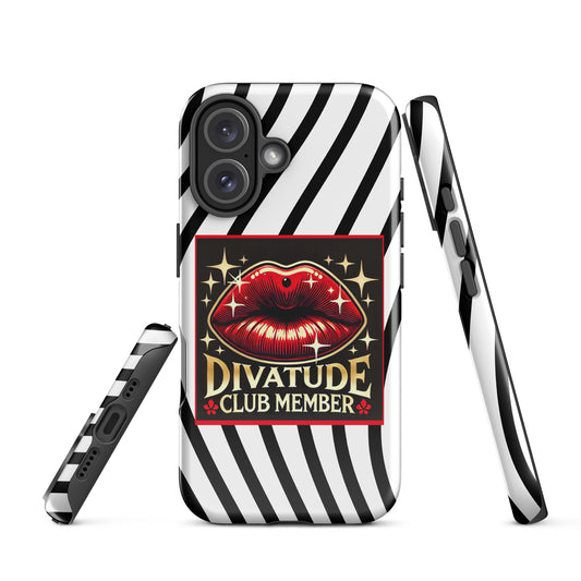 Front of iPhone 16 case with DivaTude icon of red lips and words 'DivaTude Club member' on white background and wavy black lines