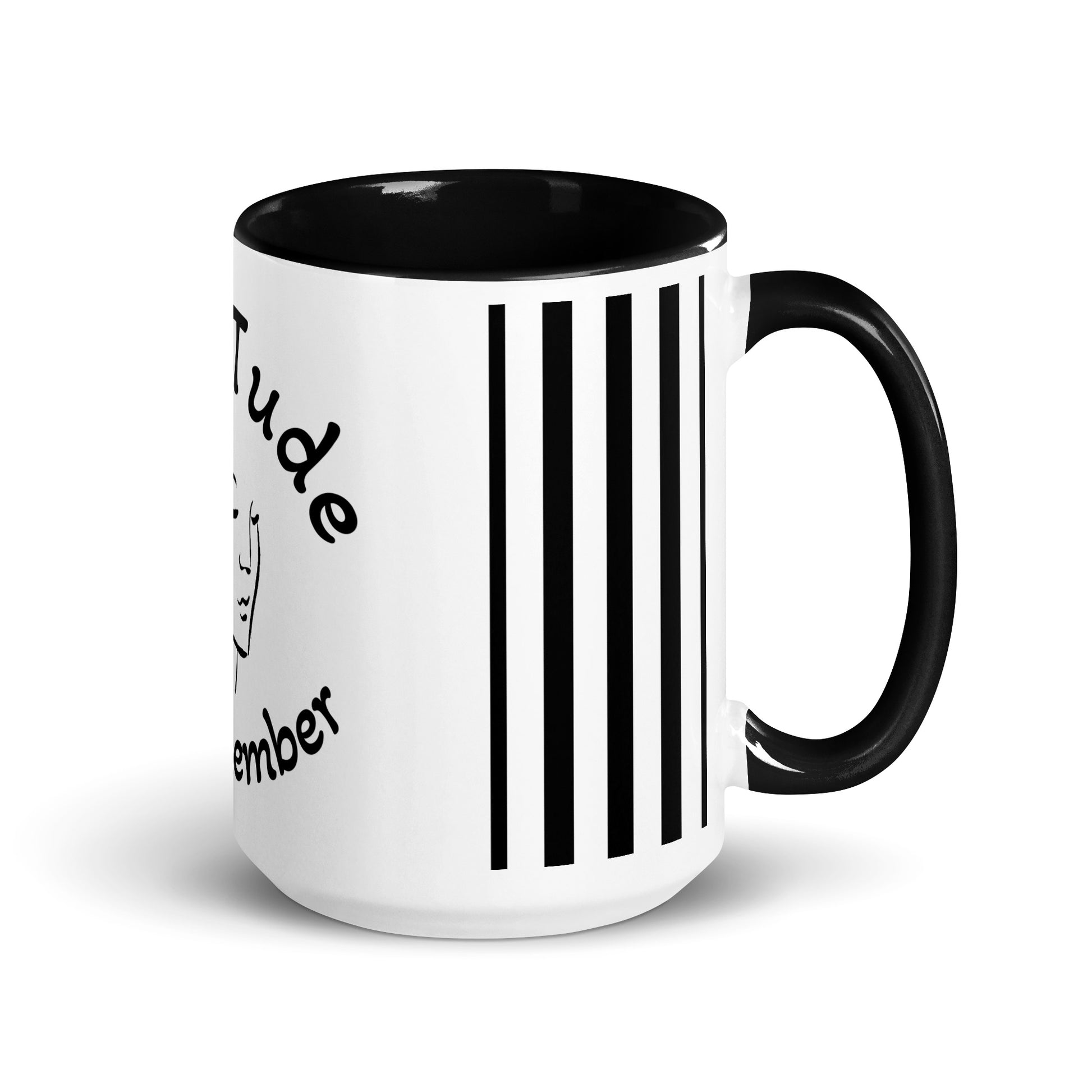 Right view of white mug with black inside and 5 vertical lines, a partial view of outline of woman's face and text saying 'Tude' above the image and 'Member' below on the outside, all in black