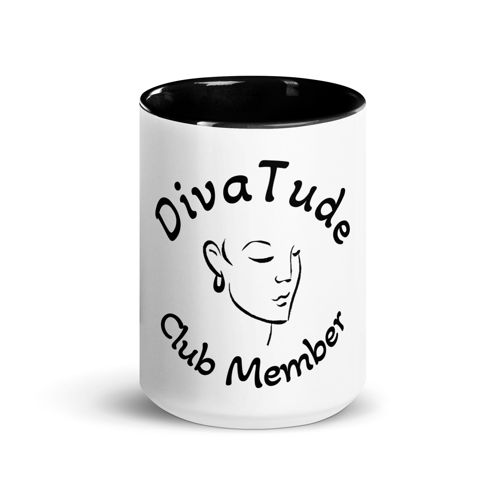 Front view of white mug with black inside and outline of woman's face and text saying 'DivaTude' above the image and 'Club Member' below on the outside, all in black