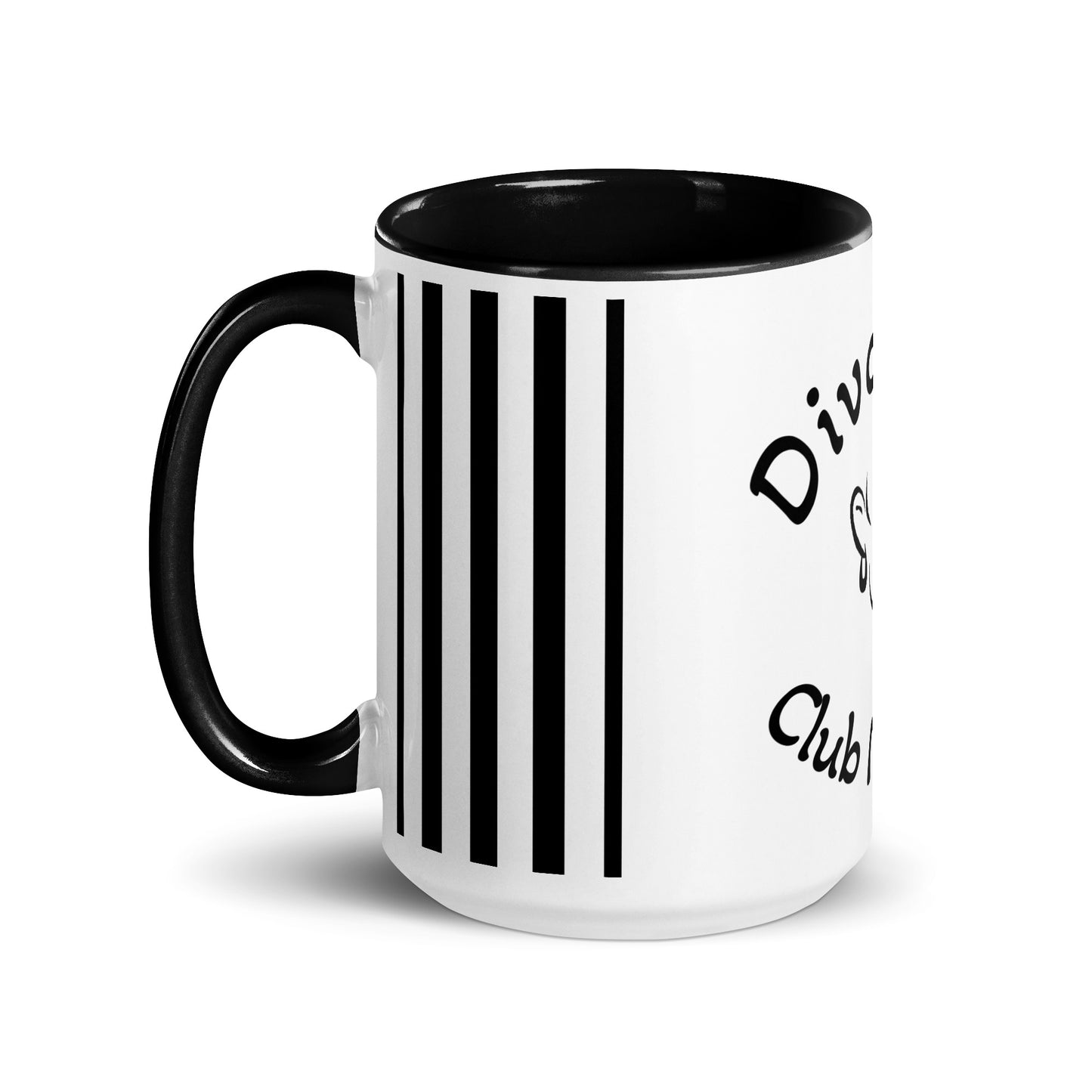 Left view of white mug with black inside and 5 vertical lines, a partial view of text saying 'Div' above the image and 'Club' below on the outside, all in black