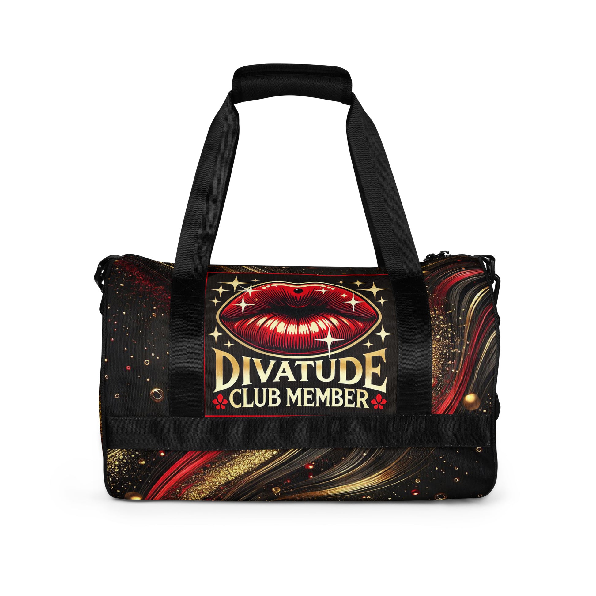 Back of black and gold patterned gym bag with DivaTude icon of red lips and words 'DivaTude Club member'