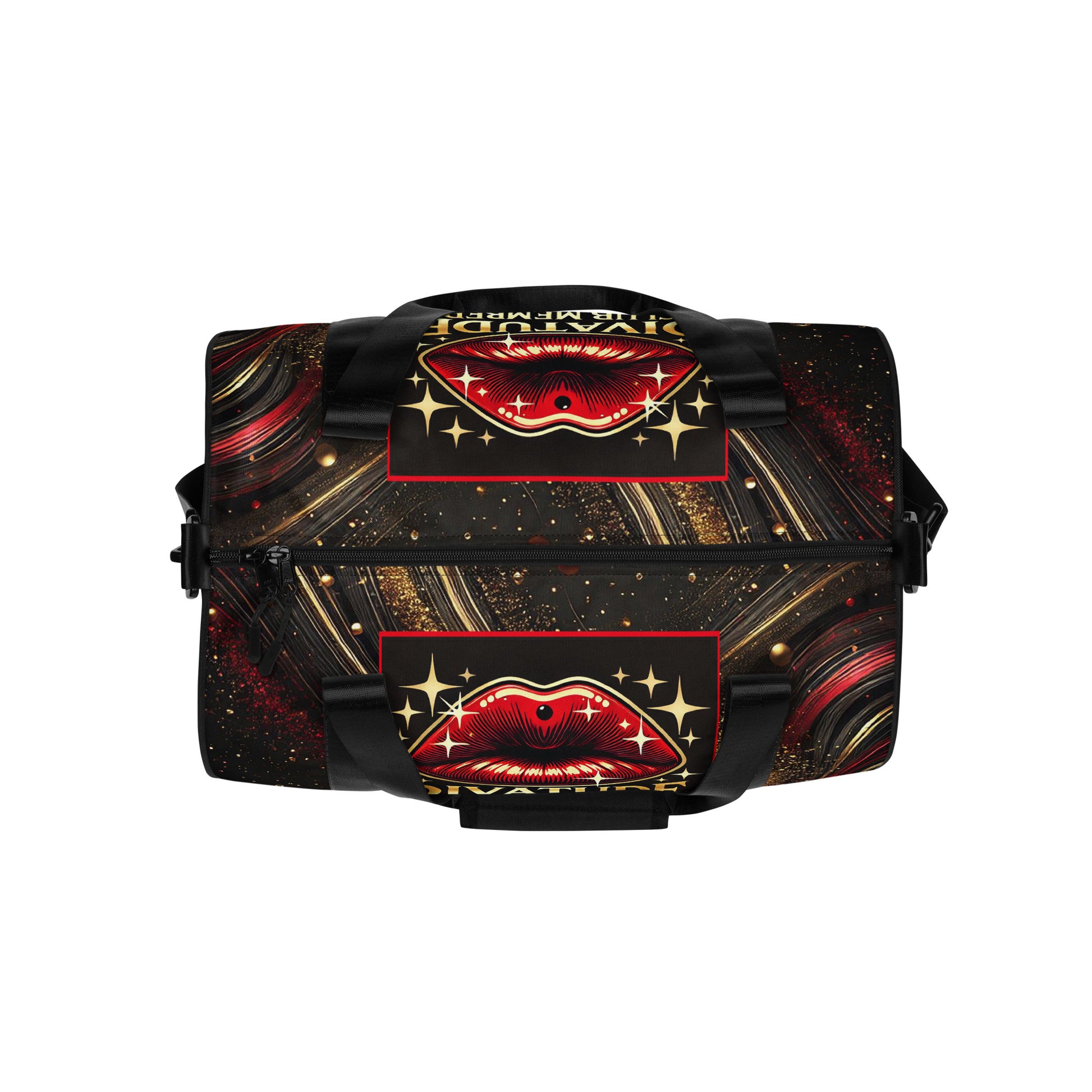 Top of black and gold patterned gym bag with DivaTude icon of red lips and words 'DivaTude Club member'