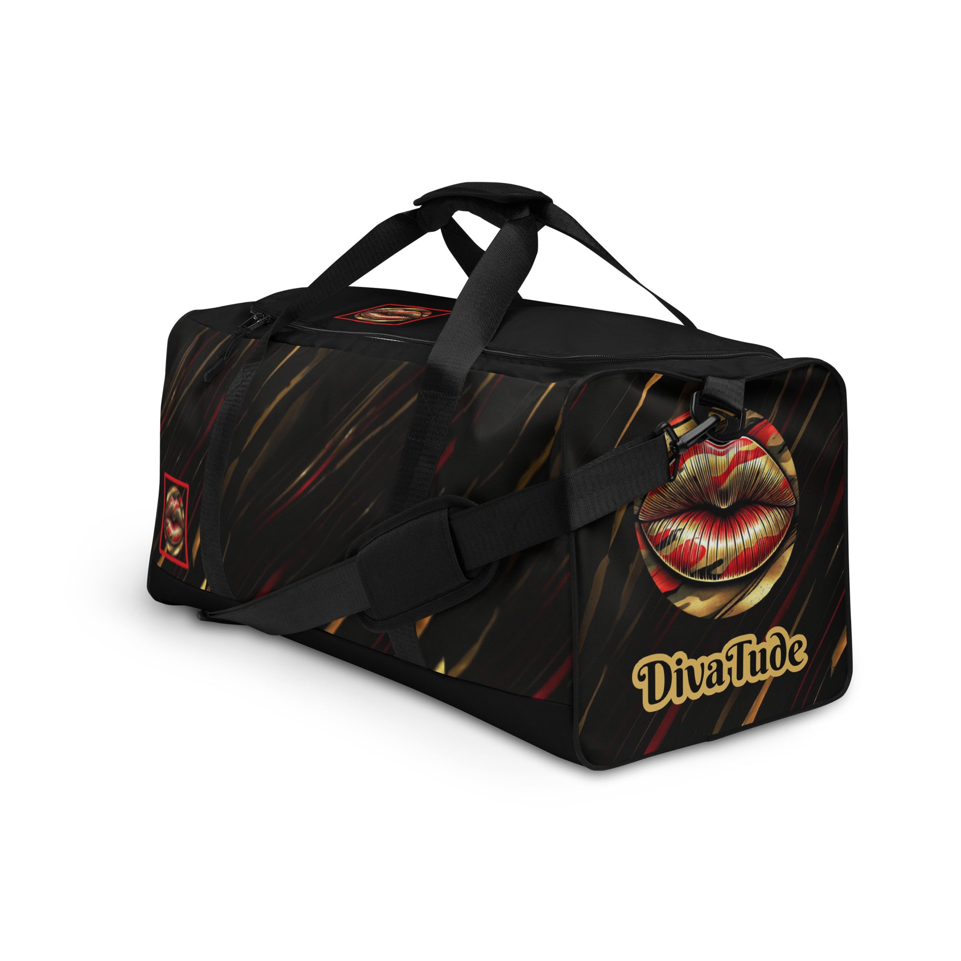 Left front of a duffle bag with icon of gold, black, and red lips on black patterned background and text saying 'DivaTude'
