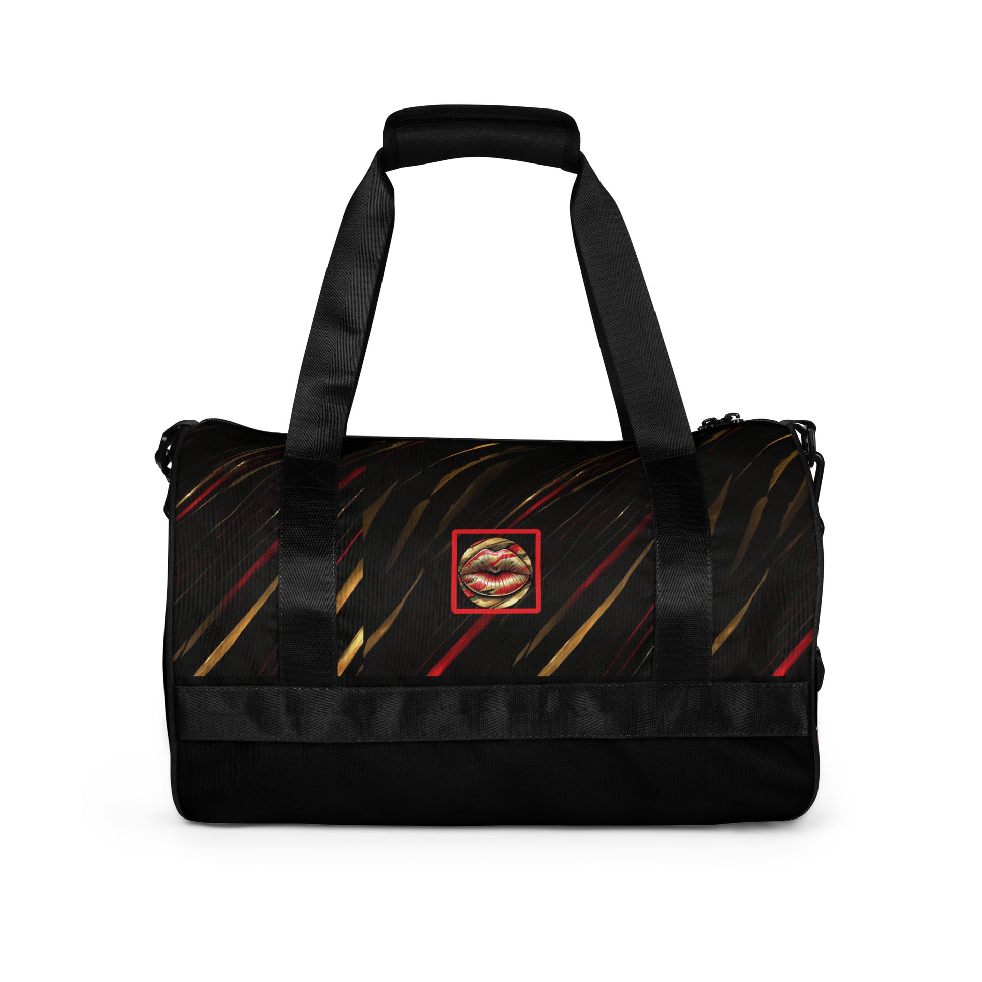 Back of a gym bag with icon of gold, black, and red lips on black patterned background