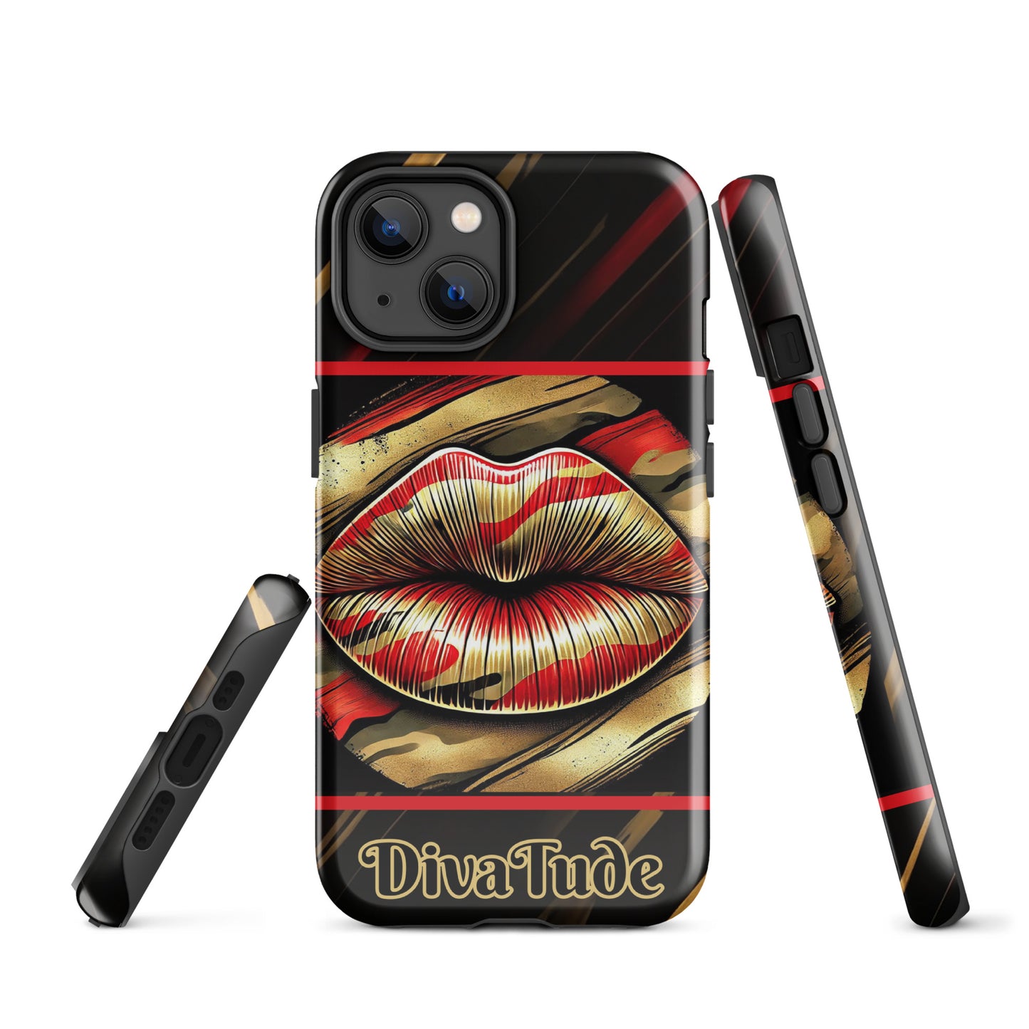 Front of an iPhone glossy case with icon of gold, black, and red lips on black patterned background with words 'Divatude'