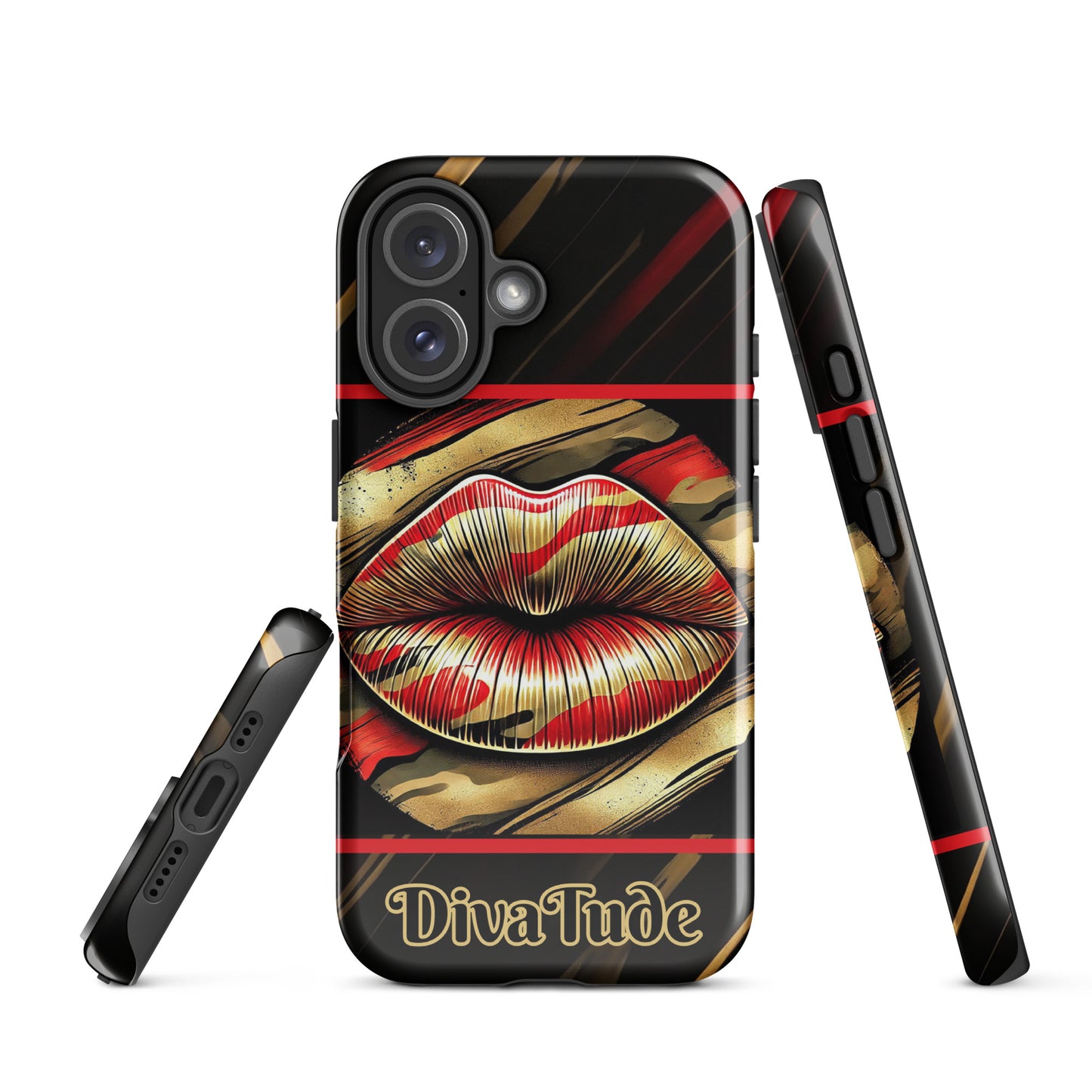 Front of an iPhone glossy case with icon of gold, black, and red lips on black patterned background with words 'Divatude'
