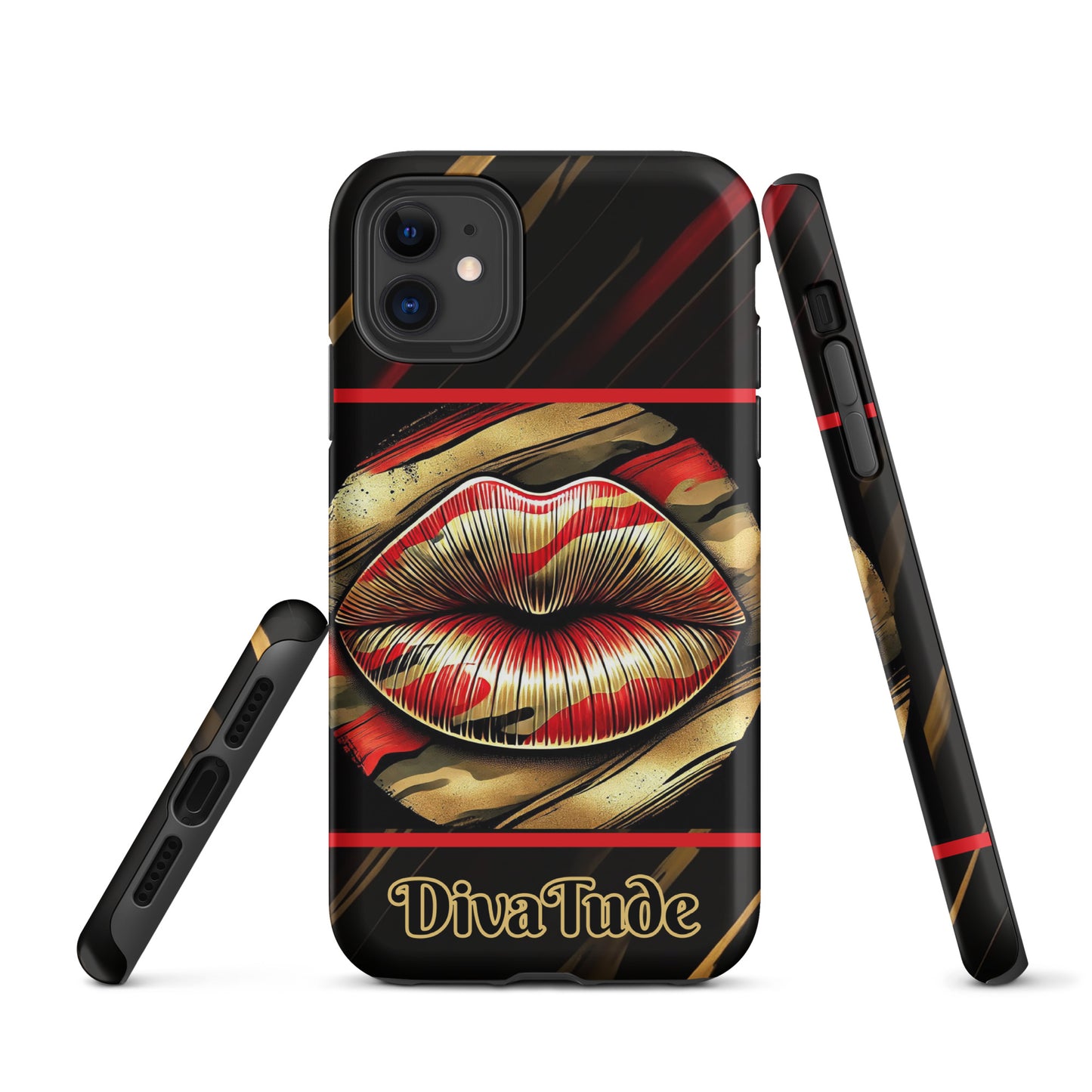 Front of an iPhone matte case with icon of gold, black, and red lips on black patterned background with words 'Divatude'