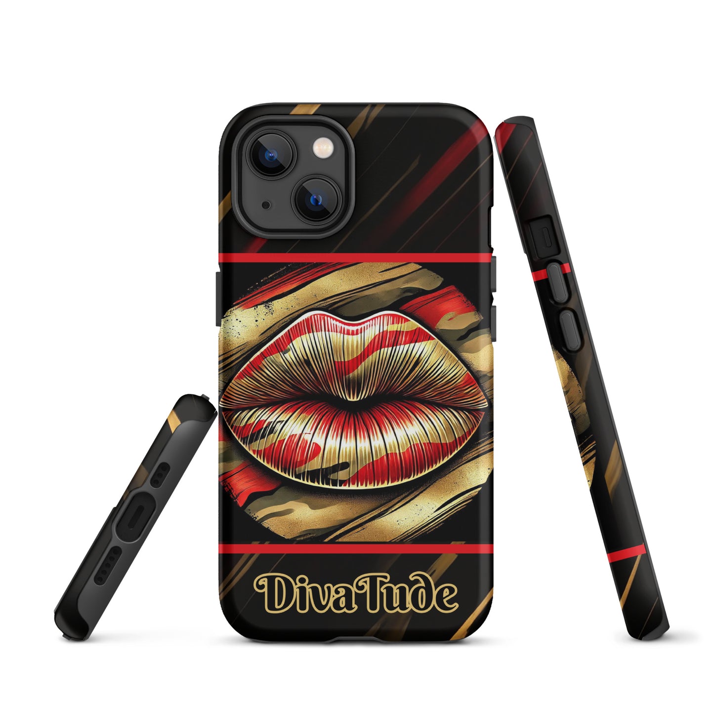 Front of an iPhone matte case with icon of gold, black, and red lips on black patterned background with words 'Divatude'