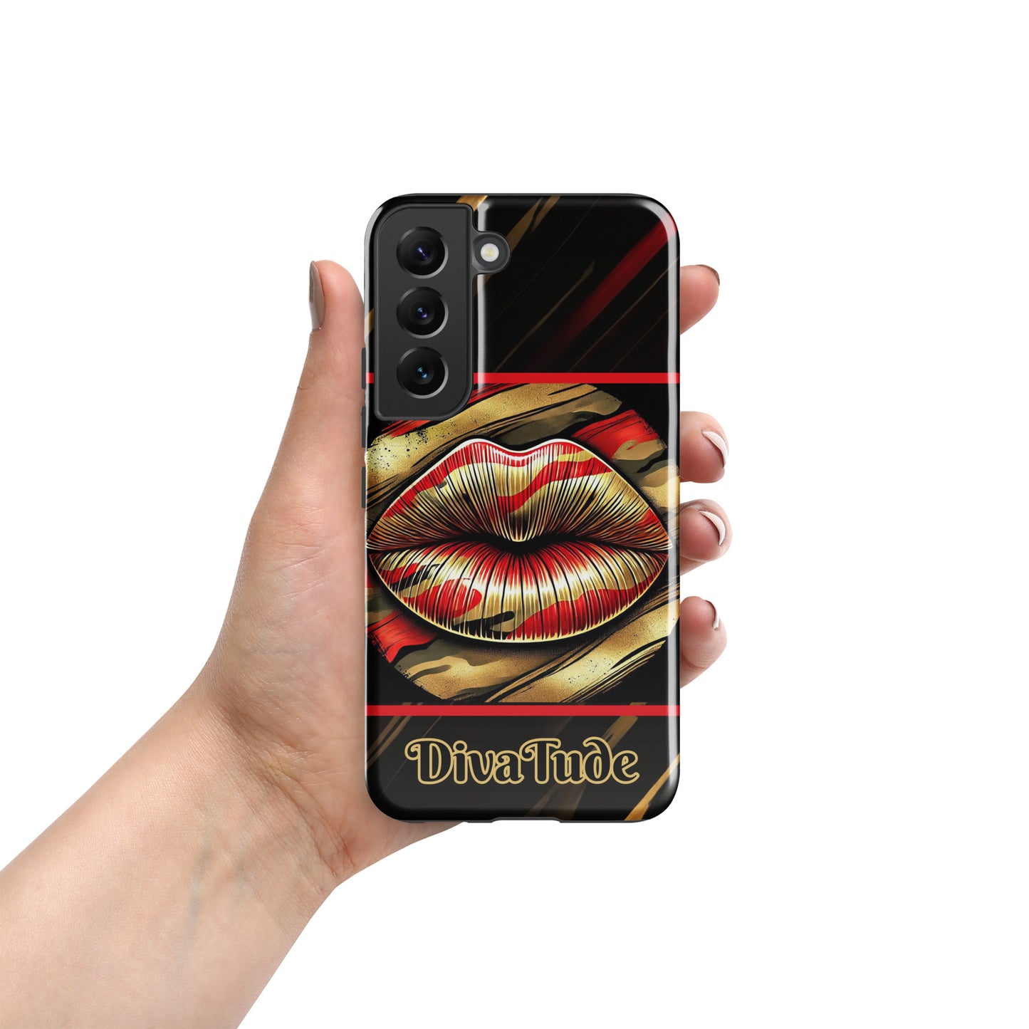 Front of a Samsung glossy case with icon of gold, black, and red lips on black patterned background with words 'Divatude'