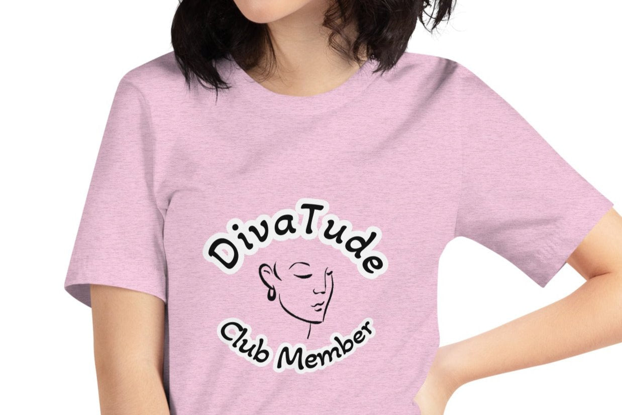 Front of lilac women's tshirt with image of lady's face in black with white and black text saying "DivaTude' above and 'Club Member' below 