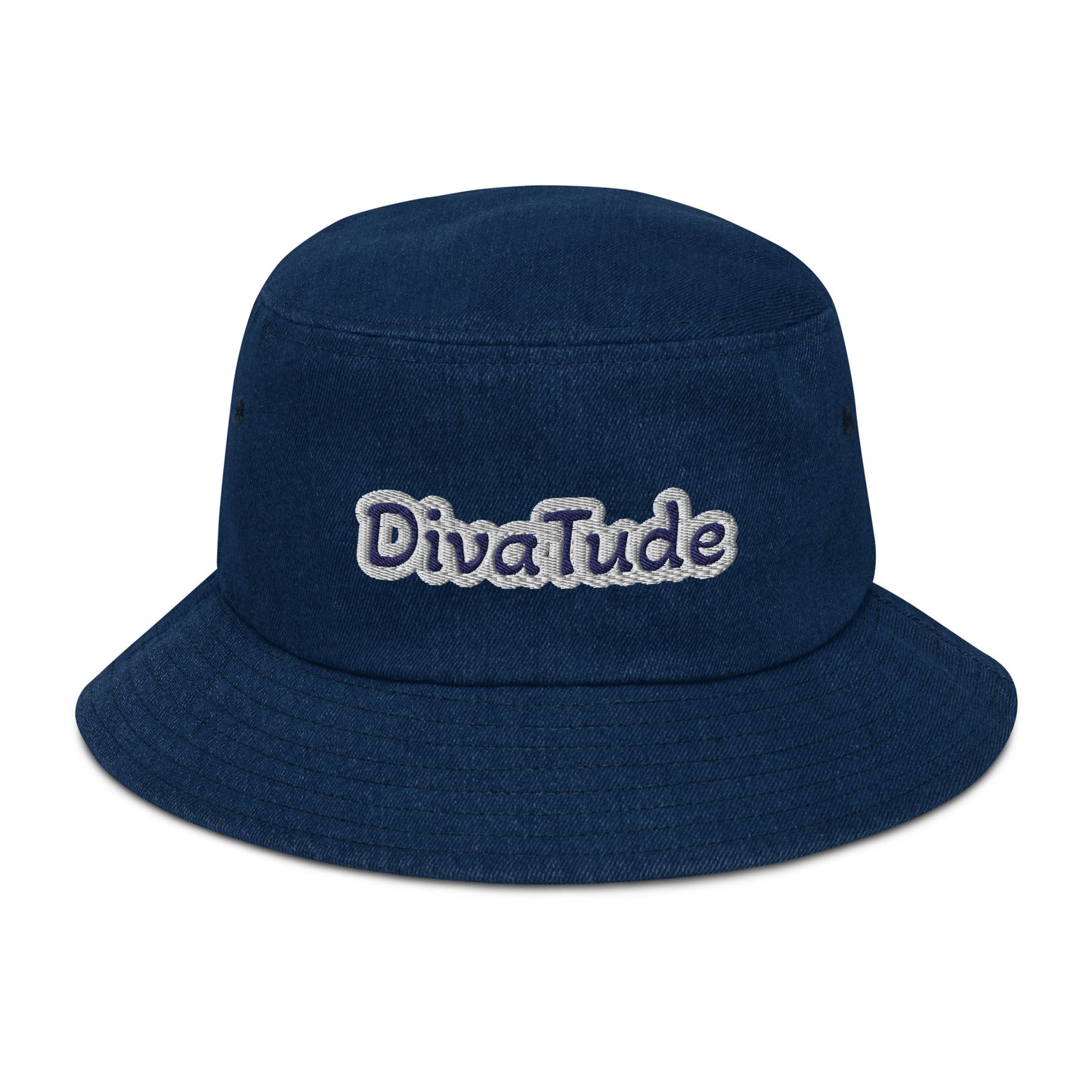 Front of dark denim bucket hat with embroidered navy and gray text saying 'DivaTude' across front