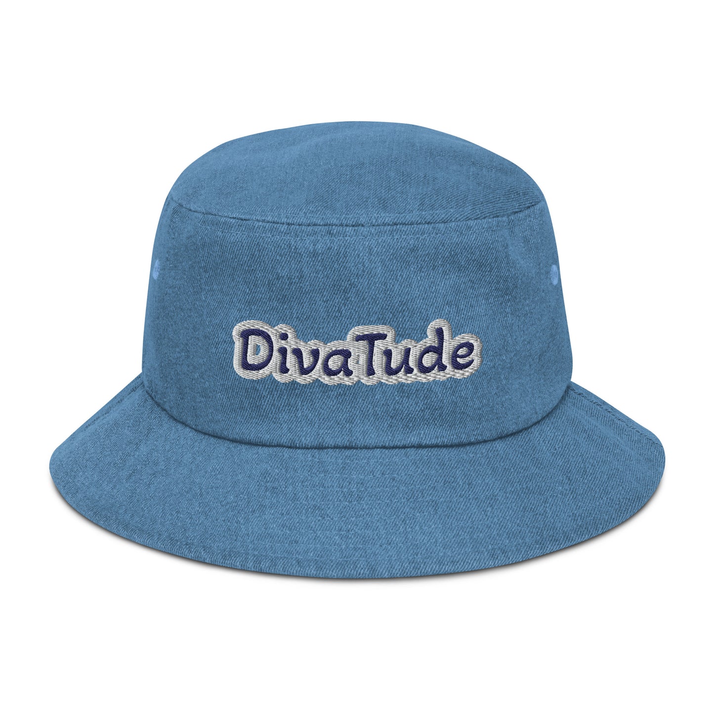 Front of light denim bucket hat with embroidered navy and gray text saying 'DivaTude' across front