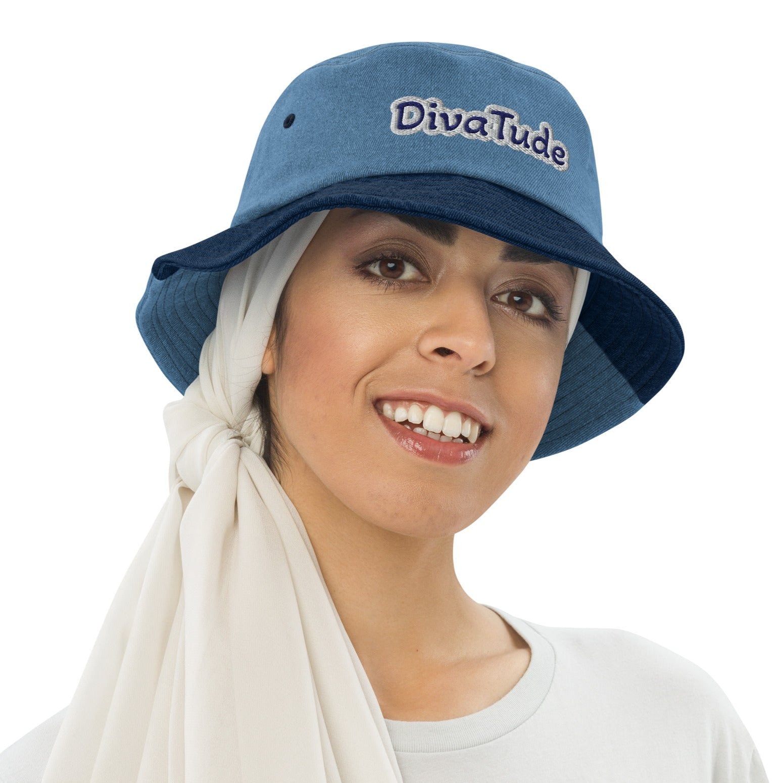 Front of two-tone denim bucket hat with embroidered navy and gray text saying 'DivaTude' across front