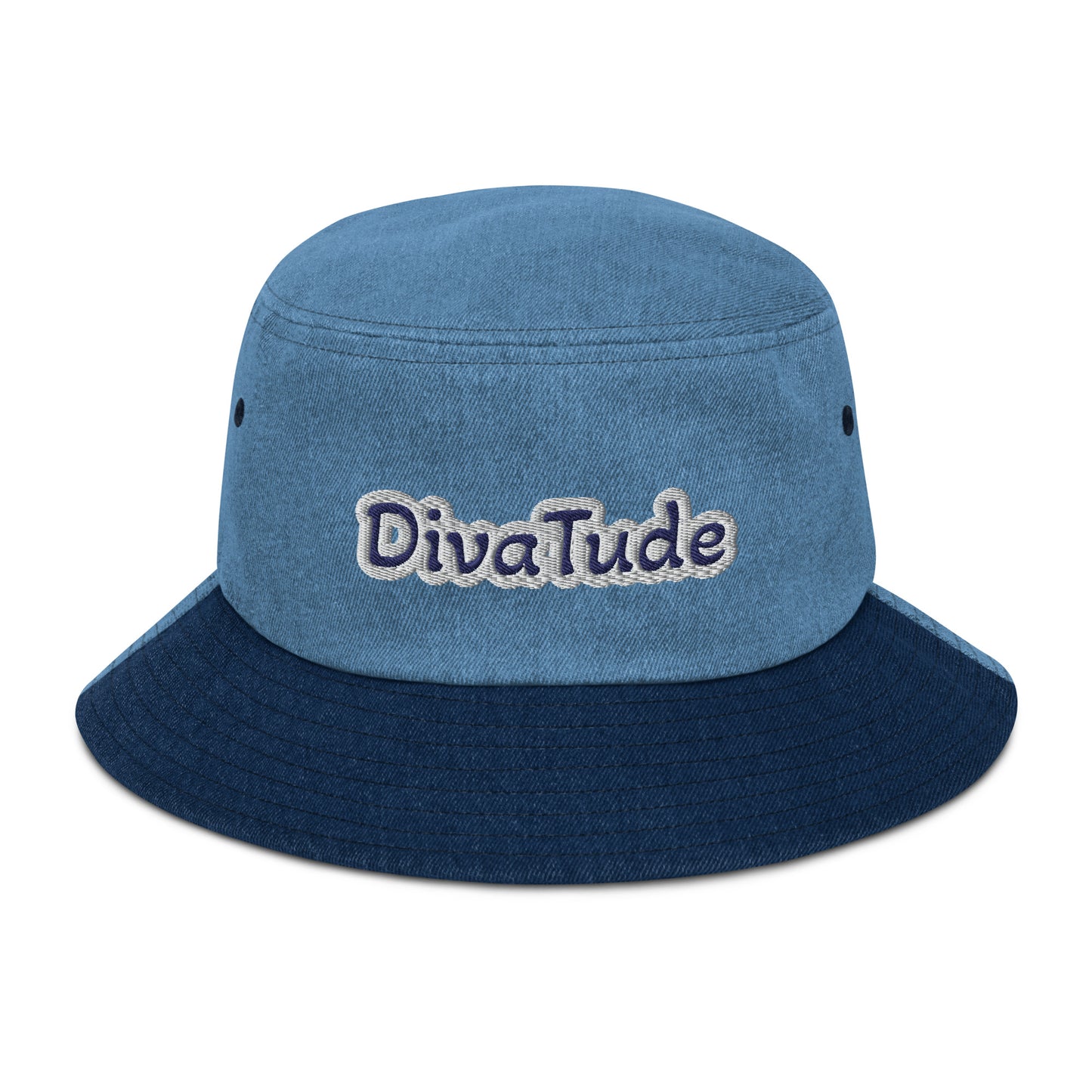 Front of two-tone denim bucket hat with embroidered navy and gray text saying 'DivaTude' across front