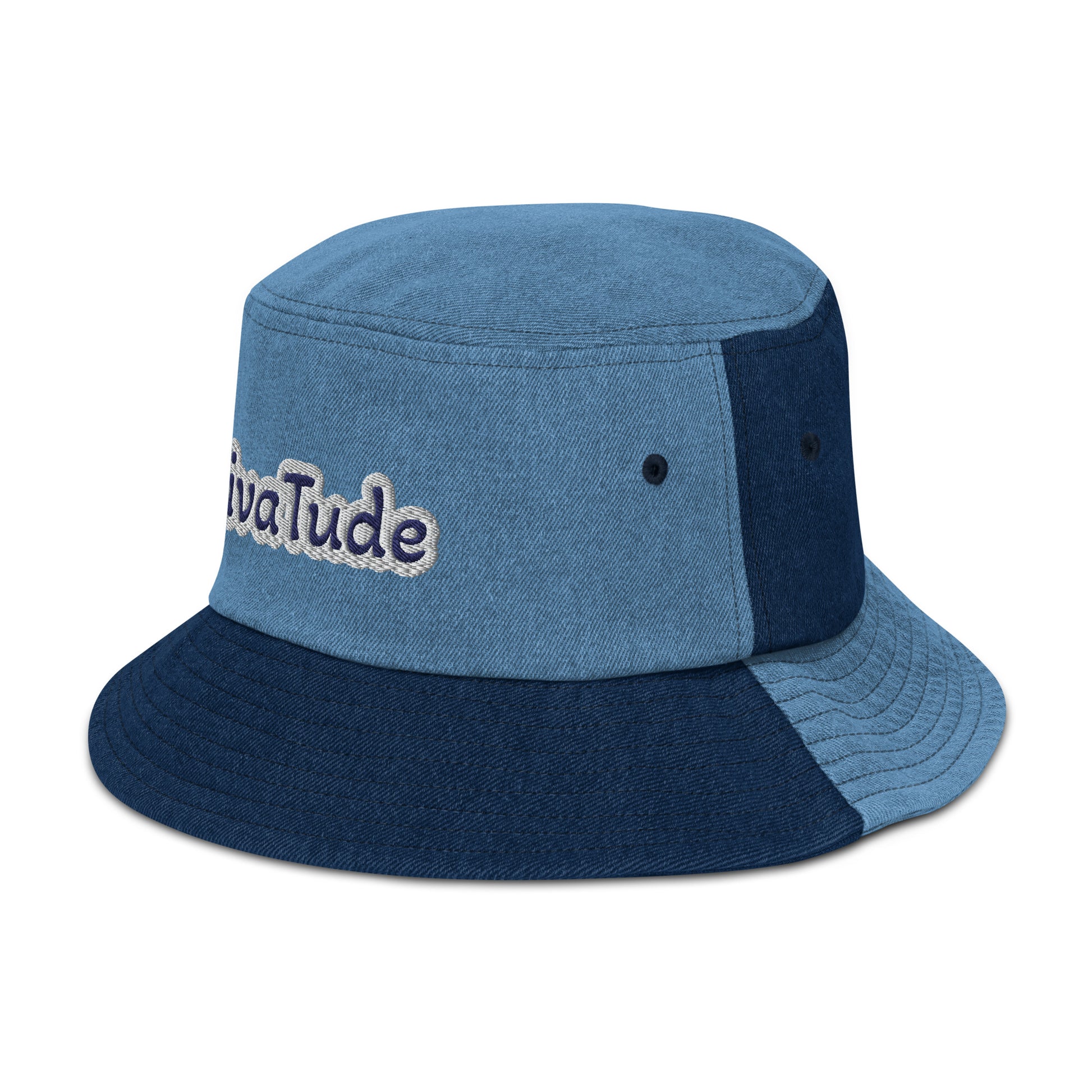 Right front of light denim bucket hat with embroidered navy and gray text saying 'DivaTude' across front