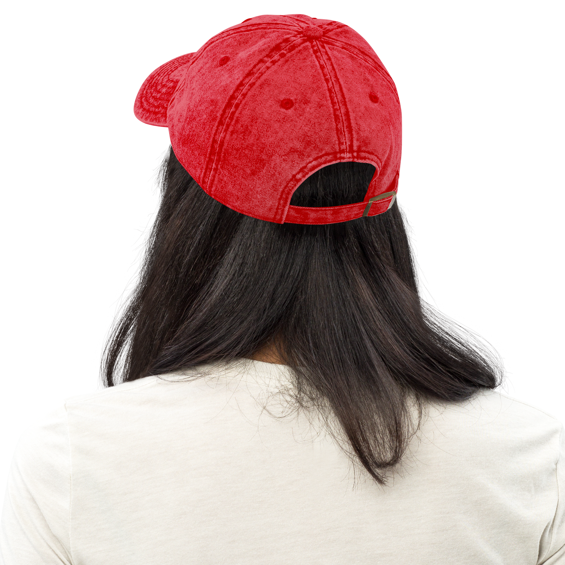 Back of red snap-back cap with embroidered black and gray text saying 'DivaTude' across front