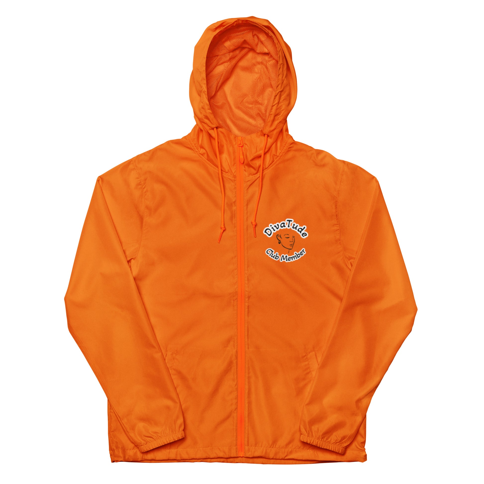 Front of women's orange windbreaker with image on top left of embroidered lady's face in black with grey and black text saying "DivaTude' above and 'Club Member' below 